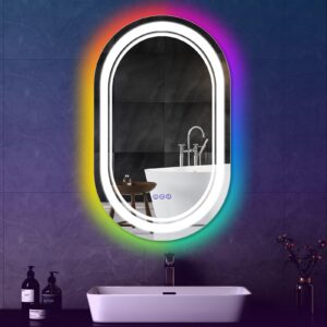 Onyltd 32 * 20 Inch Oval LED Bathroom Mirror Front Light Mirror and RGB Backlit Light Vanity Mirror Wall Mounted Light Up Mirror Shatterproof Dimmable Anti-Fog Smart Illuminated Makeup Wall Mirror