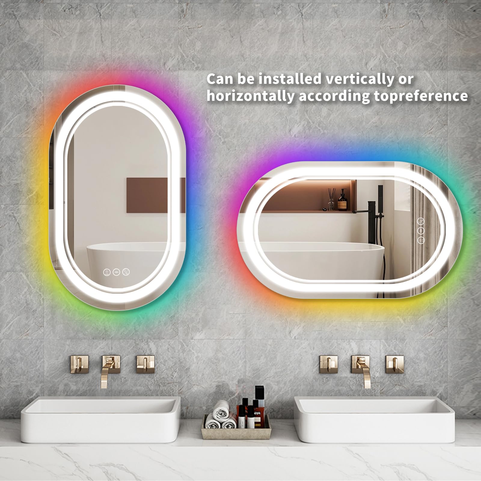 Onyltd 32 * 20 Inch Oval LED Bathroom Mirror Front Light Mirror and RGB Backlit Light Vanity Mirror Wall Mounted Light Up Mirror Shatterproof Dimmable Anti-Fog Smart Illuminated Makeup Wall Mirror