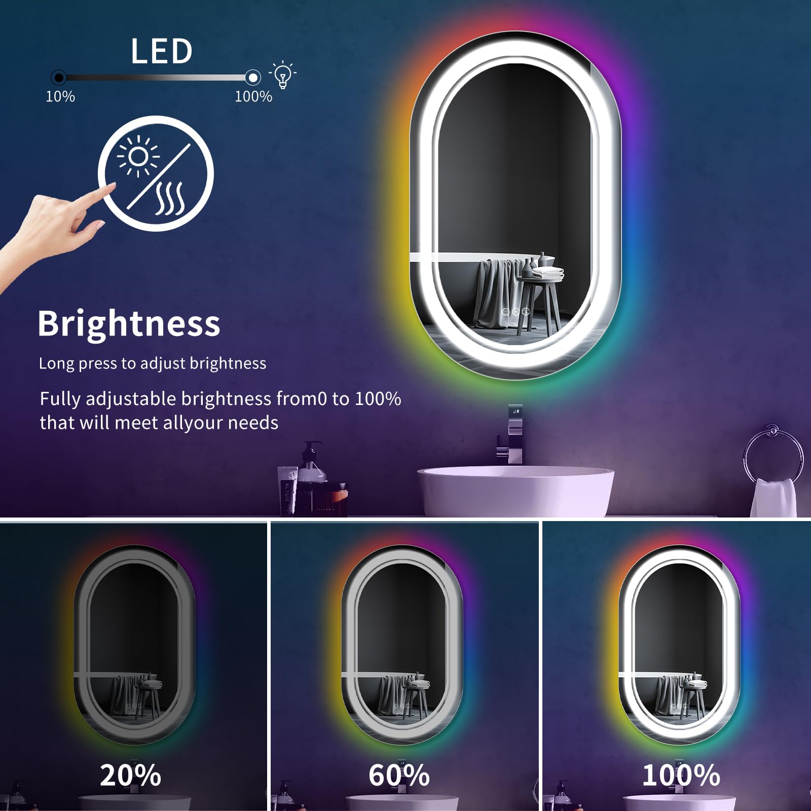 Onyltd 32 * 20 Inch Oval LED Bathroom Mirror Front Light Mirror and RGB Backlit Light Vanity Mirror Wall Mounted Light Up Mirror Shatterproof Dimmable Anti-Fog Smart Illuminated Makeup Wall Mirror