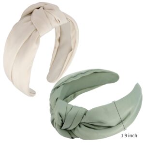 VELSCRUN 2 Pack White Green Wide Knotted Headbands for Women Satin Women Headband Non Slip Head Bands Silk Headband Elastic Turban Fashion Hair Band Hair Styling Accessories Womens Sisters Girls