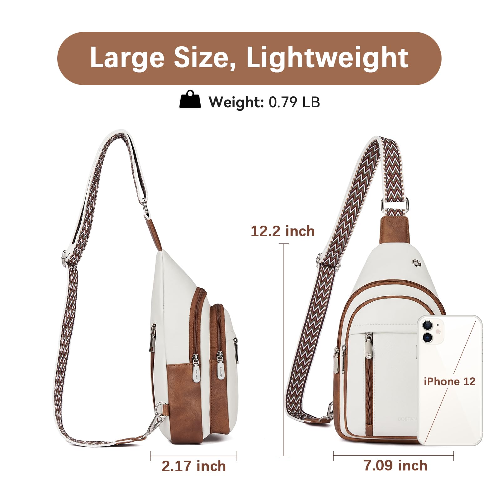 BOSTANTEN Sling Bag Cross Body Bag Trendy Leather Crossbody Purse Chest Bag with Adjustable Guitar Strap for Travel, Beige