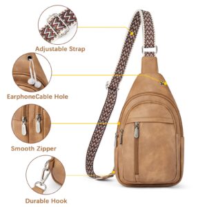 BOSTANTEN Sling Bag Cross Body Bag Trendy Leather Crossbody Purse Chest Bag with Adjustable Guitar Strap for Travel, Camel Brown