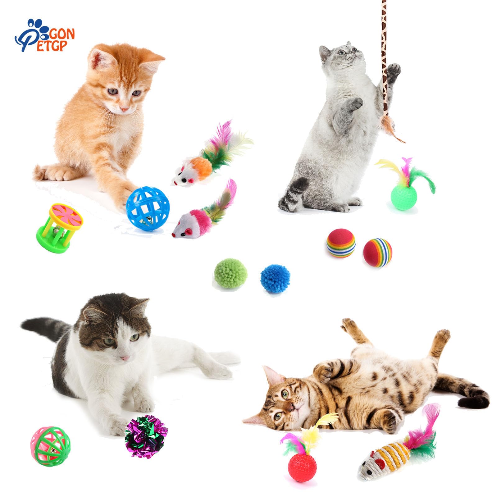 GONPETGP Cat Toys for Indoor Cats, Kitten Toys Set, Collapsible Pet Tunnel Cube Tent Toys, Interactive Cat Feather Teaser Wand Cat Bell Balls Fuzzy Ball Springs Mouse Toys for Cat Kitty (Rainbow)