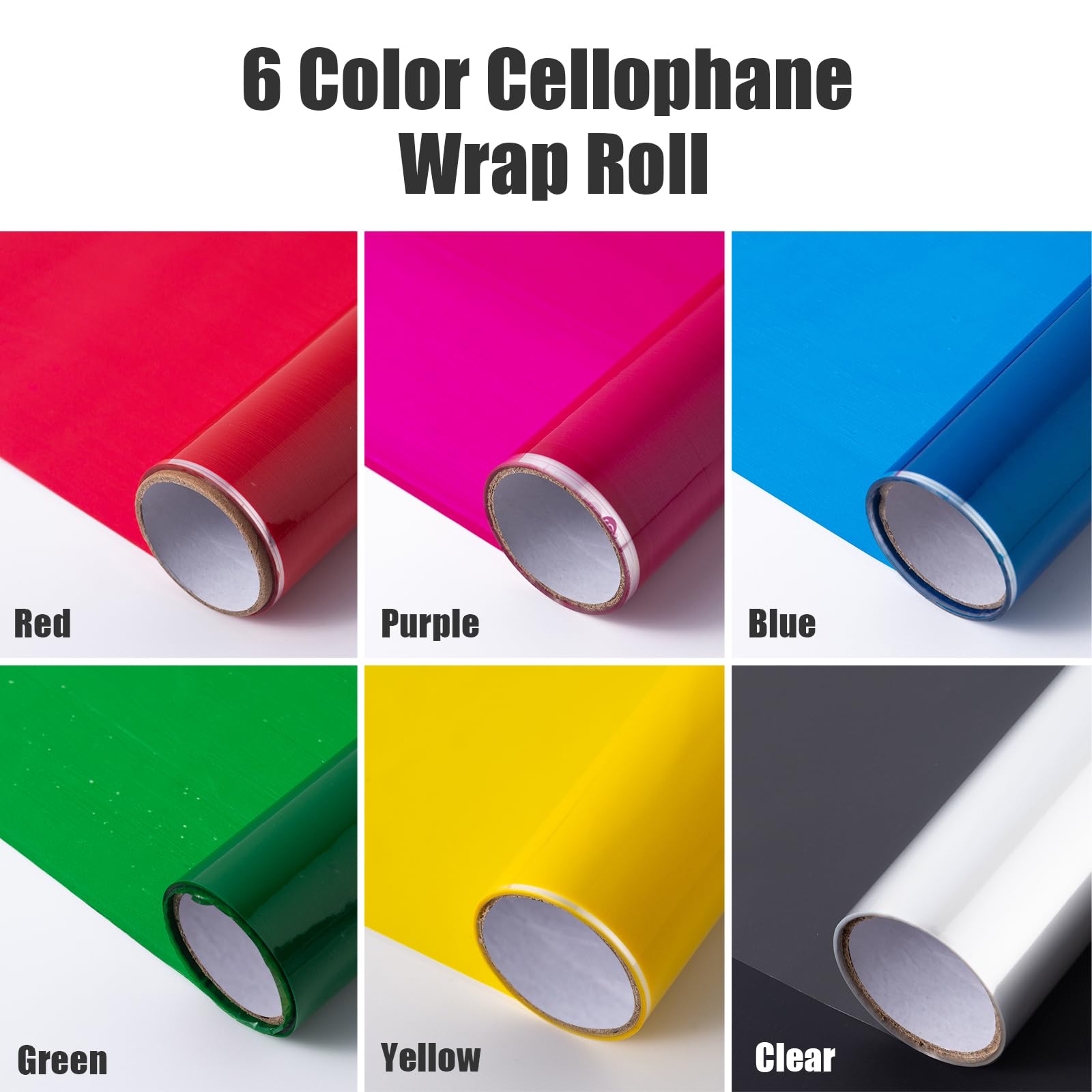 6rolls Cellophane Wrap Roll (20’ Ft. Long X 16’’ in. Wide) Colored Cellophane Rolls for Gift Wrapping, Contains Golden, Blue, Purple, Green, Red & Clear Cellophane Wrap Roll, 2.3 Mil Thick (17inch W x