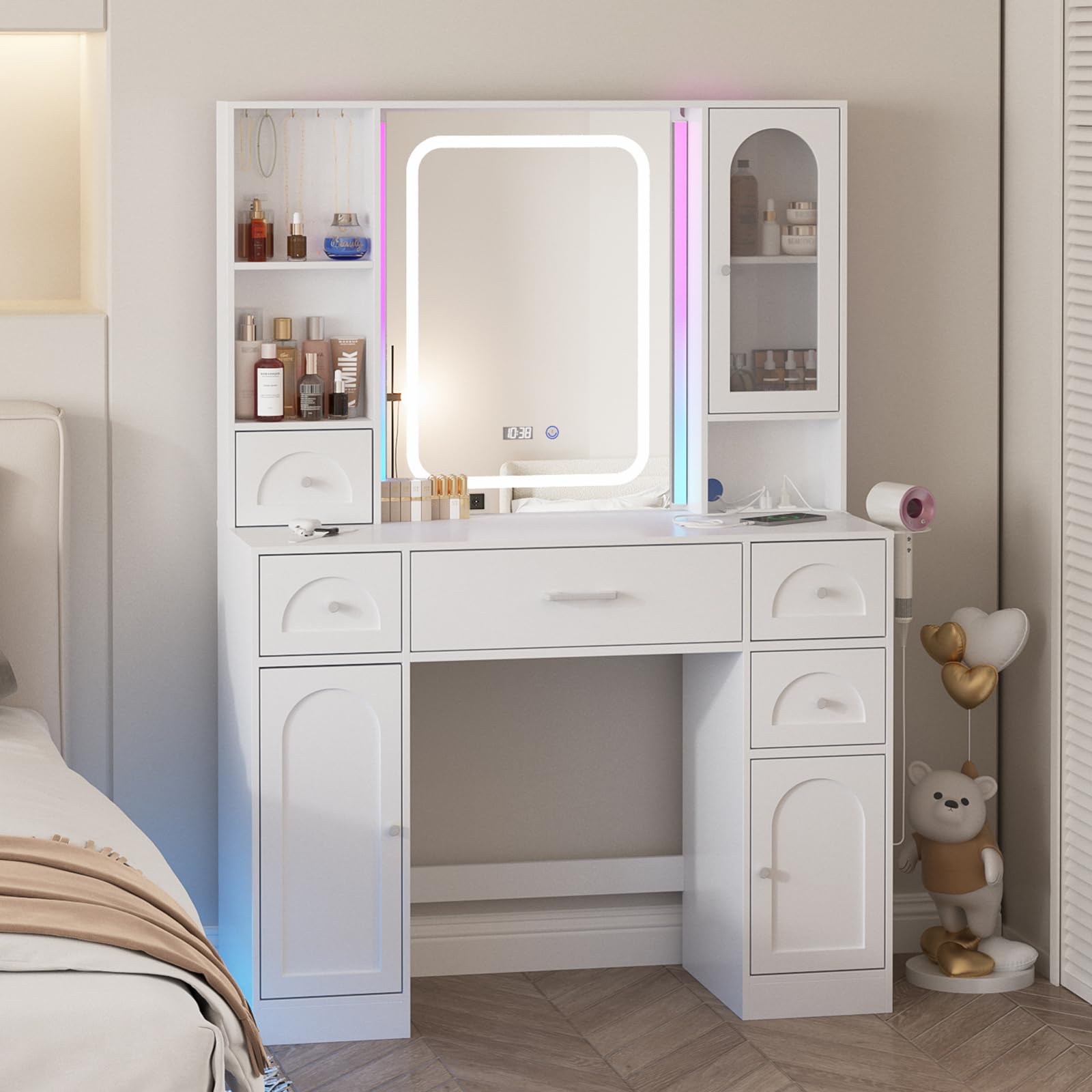 White Vanity Desk with Mirror and Lights,Makeup Vanity with RGB Lights and Power Strip,Makeup Desk Vanity Table with 5 Drawers Lots Storage & Time Display,3 Lighting Modes LED Lighted Mirror,41.3in(L)