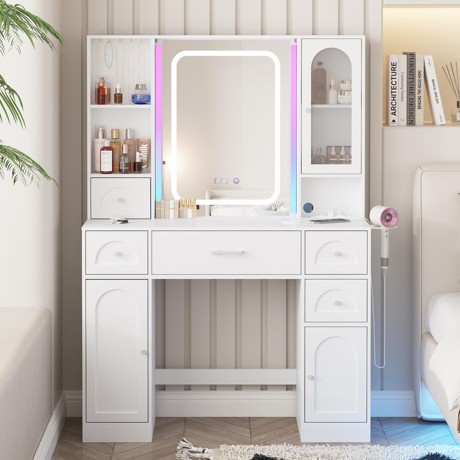 White Vanity Desk with Mirror and Lights,Makeup Vanity with RGB Lights and Power Strip,Makeup Desk Vanity Table with 5 Drawers Lots Storage & Time Display,3 Lighting Modes LED Lighted Mirror,41.3in(L)