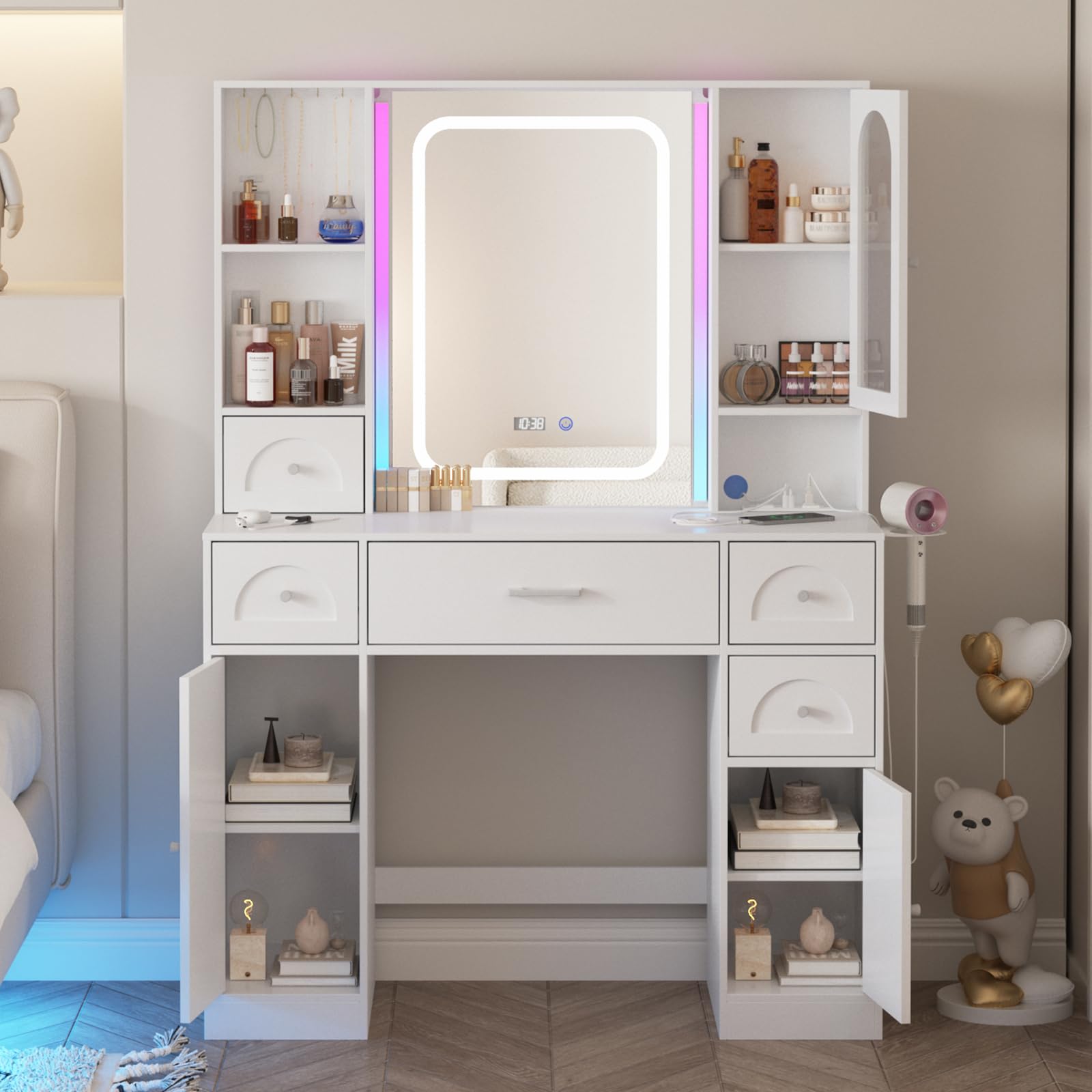 White Vanity Desk with Mirror and Lights,Makeup Vanity with RGB Lights and Power Strip,Makeup Desk Vanity Table with 5 Drawers Lots Storage & Time Display,3 Lighting Modes LED Lighted Mirror,41.3in(L)