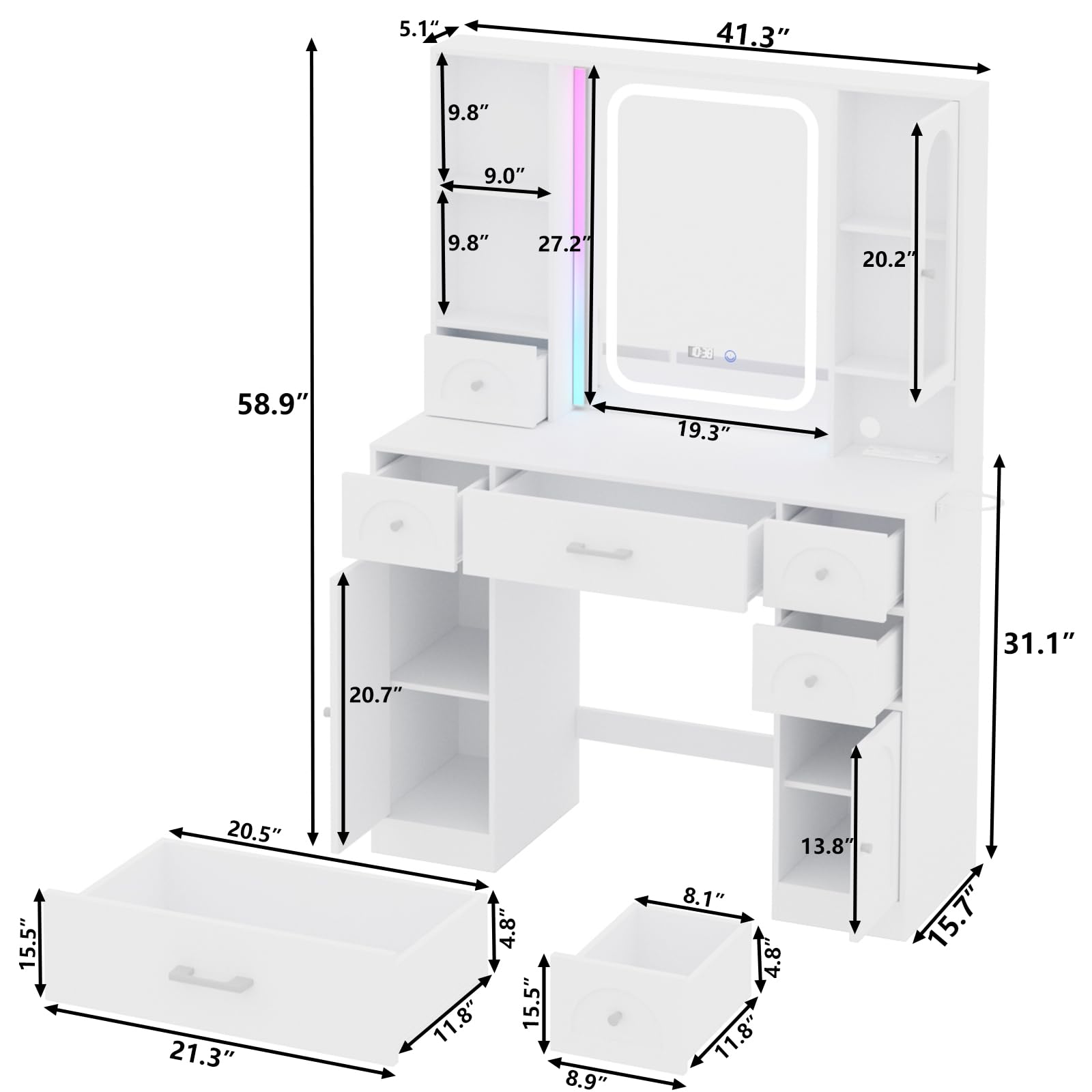 White Vanity Desk with Mirror and Lights,Makeup Vanity with RGB Lights and Power Strip,Makeup Desk Vanity Table with 5 Drawers Lots Storage & Time Display,3 Lighting Modes LED Lighted Mirror,41.3in(L)