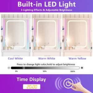 White Vanity Desk with Mirror and Lights,Makeup Vanity with RGB Lights and Power Strip,Makeup Desk Vanity Table with 5 Drawers Lots Storage & Time Display,3 Lighting Modes LED Lighted Mirror,41.3in(L)