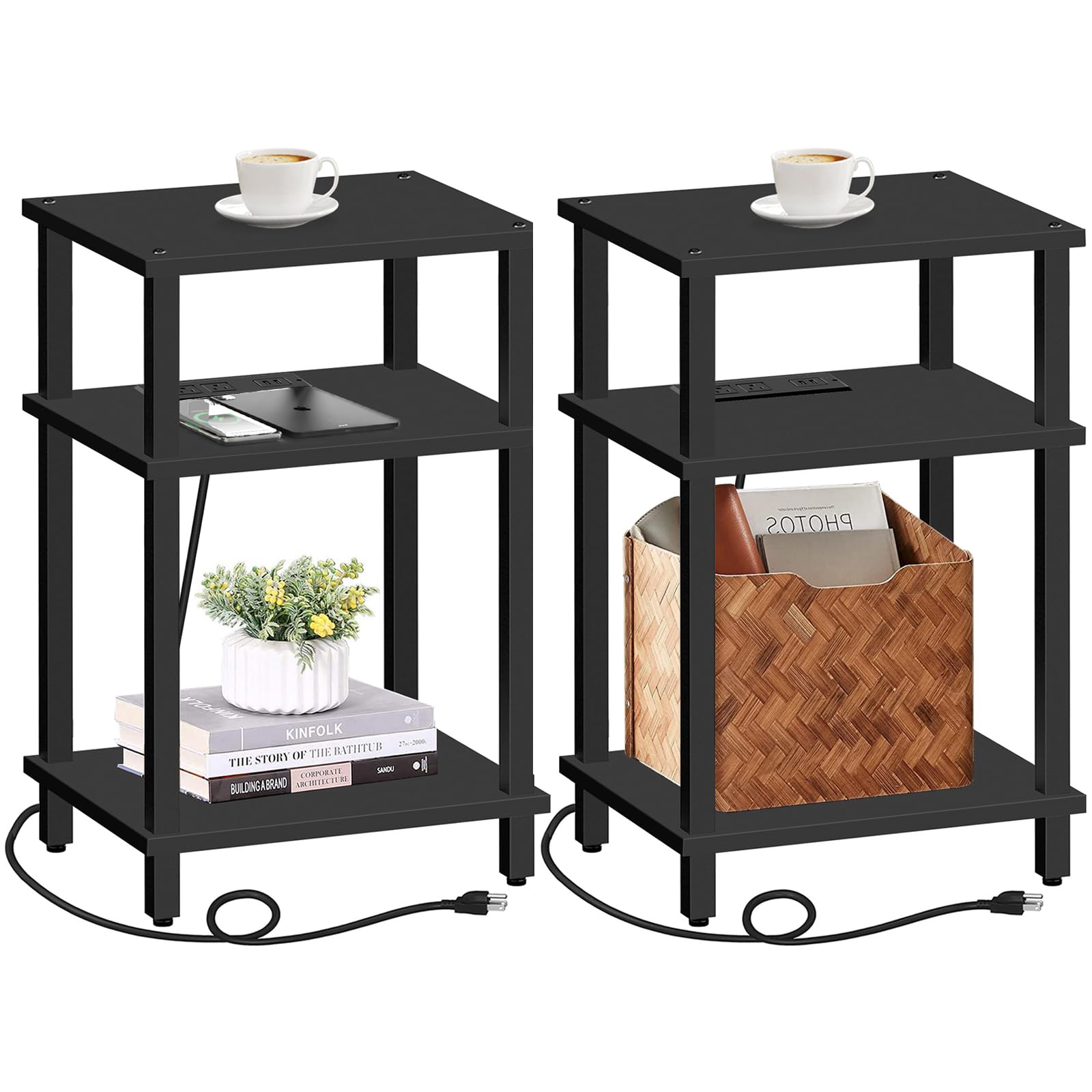 TUTOTAK Set of 2 End Table with Charging Station, Side Table with USB Ports and Outlets, Nightstand, 3-Tier Storage Shelf, Sofa Table for Small Space TB01BK0422