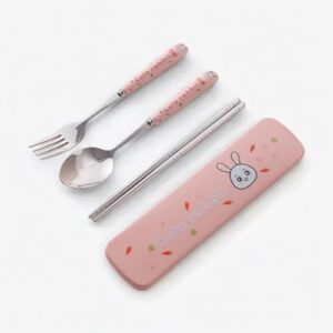 SENIDIKE Cute Silverware Set, Animal Series Ceramic Handle Dinnerware Set Flatware Kitchen Accessories Camping Travel Sets Fork Spoon Chopstick Portable Cutlery Sets with Case, Bear Rabbit Duck Cat (