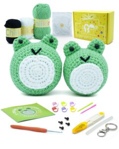 chiikimu crochet kit for beginners, amigurumi crochet starter kit with step-by-step video tutorial, beginner crochet kit for kids adults learn to crochet animals kit, frog brothers (50%+ extra yarns)