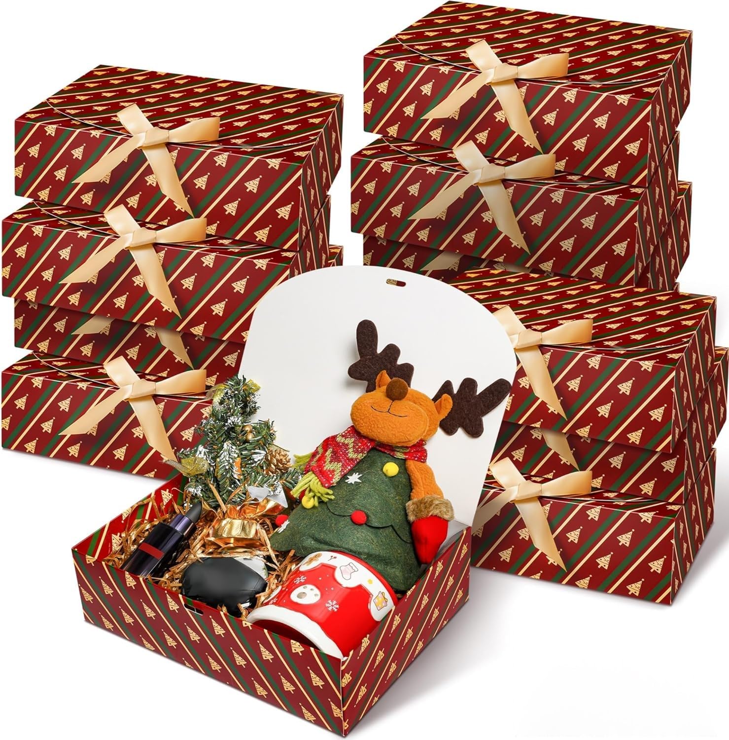 SWANGSA 12 Set Christmas Gift Box with Lids, 10.6''x8''x3'' Kraft Paper Gift Box, Christmas Tree Present Candy Cookie Boxes with Ribbon and 70pcs Adhesive Dots, for Holiday Party Favor Supplies