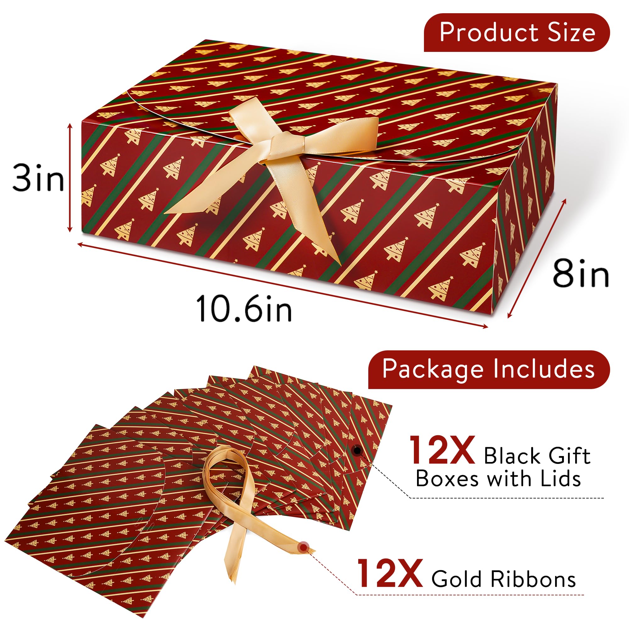 SWANGSA 12 Set Christmas Gift Box with Lids, 10.6''x8''x3'' Kraft Paper Gift Box, Christmas Tree Present Candy Cookie Boxes with Ribbon and 70pcs Adhesive Dots, for Holiday Party Favor Supplies