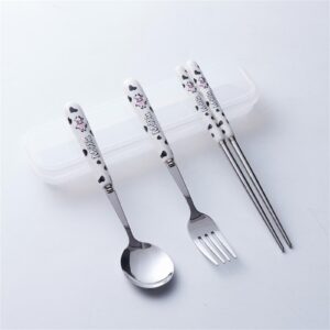 senidike cute colorful silverware set, milk cow series ceramic handle dinnerware set flatware kitchen accessories camping travel sets fork spoon chopstick portable silverware set with case (color : w