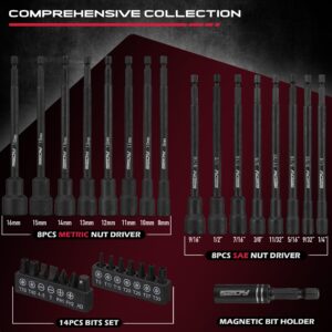 Nut Driver Impact Bit Set - 31-Piece Magnetic Socket Impact Drill Bit Tool Sets Extra Long Hex Nut Setter Driver Holder - Metric SAE Screwdriver Bits 1/4 Drive Shank Adapter Extension