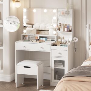 Vabches Vanity with Mirror and Lights, Makeup Vanity Table with Charging Station, Cute Vanity Set with Comfortable Bench, Big Vanity with 3 Storage Compartments, 39.8inch, White