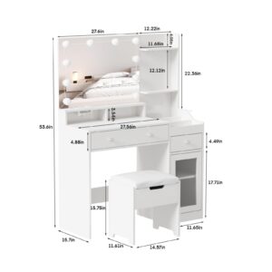 Vabches Vanity with Mirror and Lights, Makeup Vanity Table with Charging Station, Cute Vanity Set with Comfortable Bench, Big Vanity with 3 Storage Compartments, 39.8inch, White