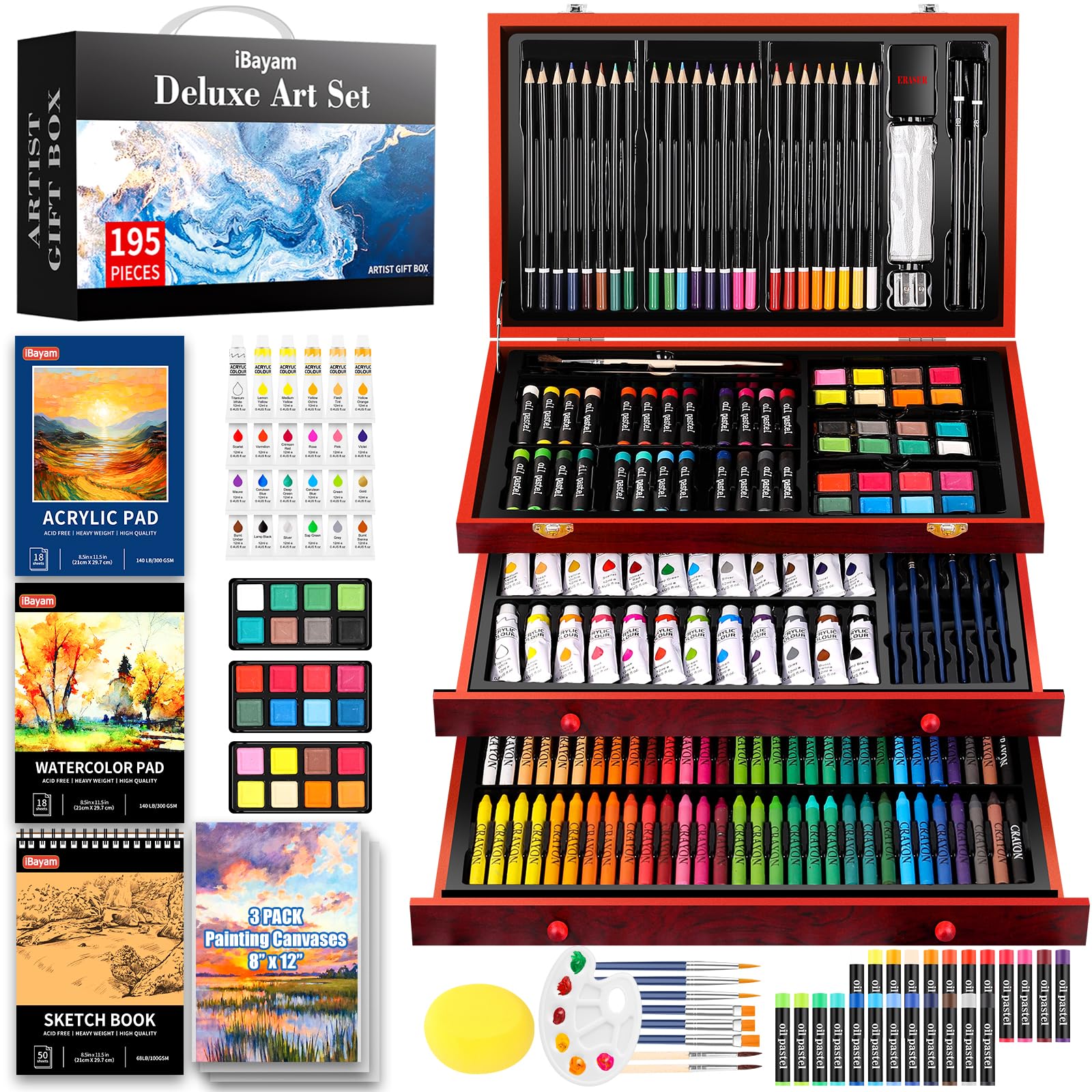 iBayam Deluxe Art Set, 195-Pack Artist Gift Box, Arts and Crafts Drawing Painting Kit Art Supplies for Adults Kids, Art Kits Paint Set with 24 Acrylic Paint, Sketchbook, Canvases, Crayons, Pencils