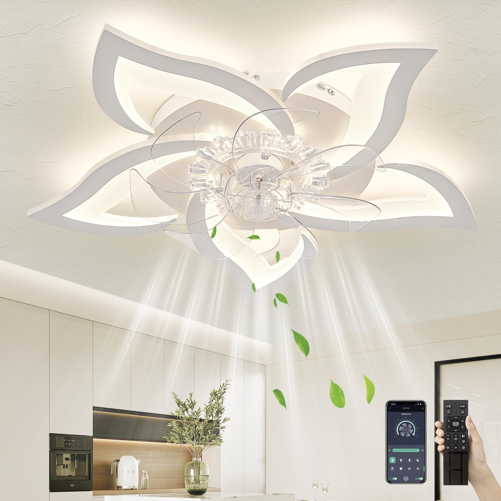 Ekjkldo 27" Ceiling Fan with Lights Remote Control Ceiling Light Fixture, 6 Speeds 3 Colors Low Profile Ceiling Fan with Light, Modern Ceiling Fan, Flush Mount Ceiling Fans for Living Room(White)