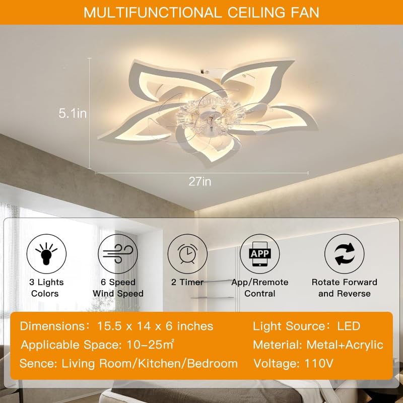 Ekjkldo 27" Ceiling Fan with Lights Remote Control Ceiling Light Fixture, 6 Speeds 3 Colors Low Profile Ceiling Fan with Light, Modern Ceiling Fan, Flush Mount Ceiling Fans for Living Room(White)