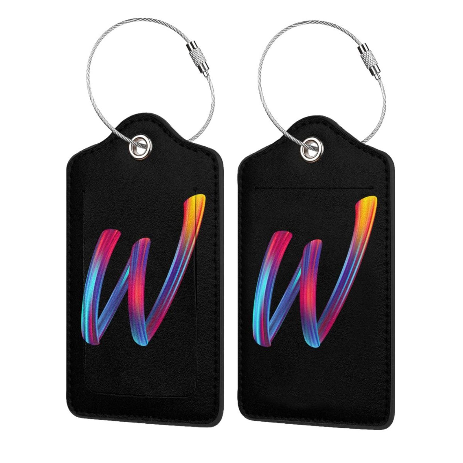 2 Pack Initial Luggage Tags for Suitcase, Colorful Letter Design Cruise Name Bag Tags, Novelty Baggage Identifiers with Full Privacy Cover, Leather ID Label for Women Men Kids Travel, Rainbow Letter W