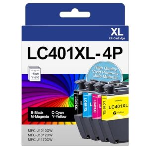 lc401 ink cartridges compatible for brother lc401 xl bk lc401xl lc 401 lc401bk high yield to use with brother mfc-j1010dw mfc-j1012dw mfc-j1170dw (4-pack, black cyan magenta yellow)