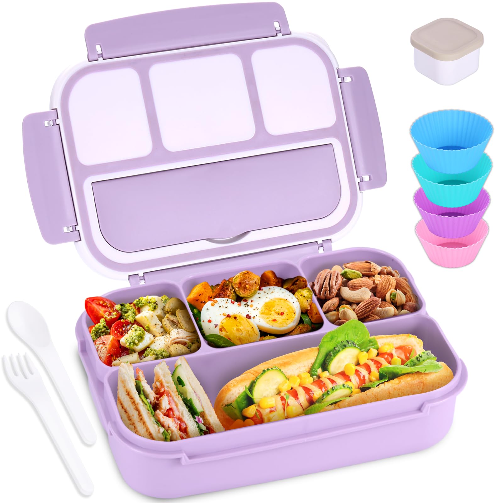 Bento Box Adult Lunch Box, Lunch Containers for Kids Girls Boys with 4 Compartments, Lunchable Food Container with Utensils, Sauce Jar, Muffin Liners, 40 Oz/5 Cup, Microwave Safe, Lavender