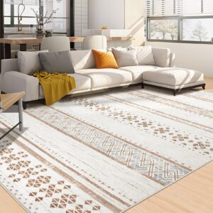 BESTSWEETIE 8x10 Area Rug for Living Room Washable Rug Moroccan Farmhouse Neutral Geometric Soft Low Pile Non-Slip Water Repellent Rug for Dining Room Bedroom Cream/Brown