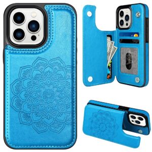 MMHUO for iPhone 15 Pro Case with Card Holder, Flower Magnetic Back Flip Case for iPhone 15 Pro Wallet Case for Women, Protective Case Phone Case for iPhone 15 Pro,Blue