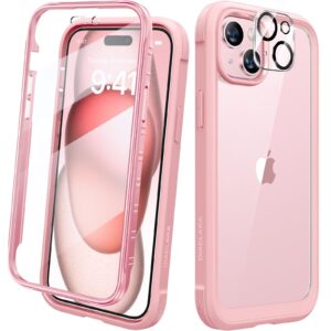 Diaclara Designed for iPhone 15 Plus Case 6.7 Inch,Full Body Rugged Case with Built-in Touch Sensitive Anti-Scratch Screen Protector+9H Tempered Glass Camera Lens Protector, Coral Pink