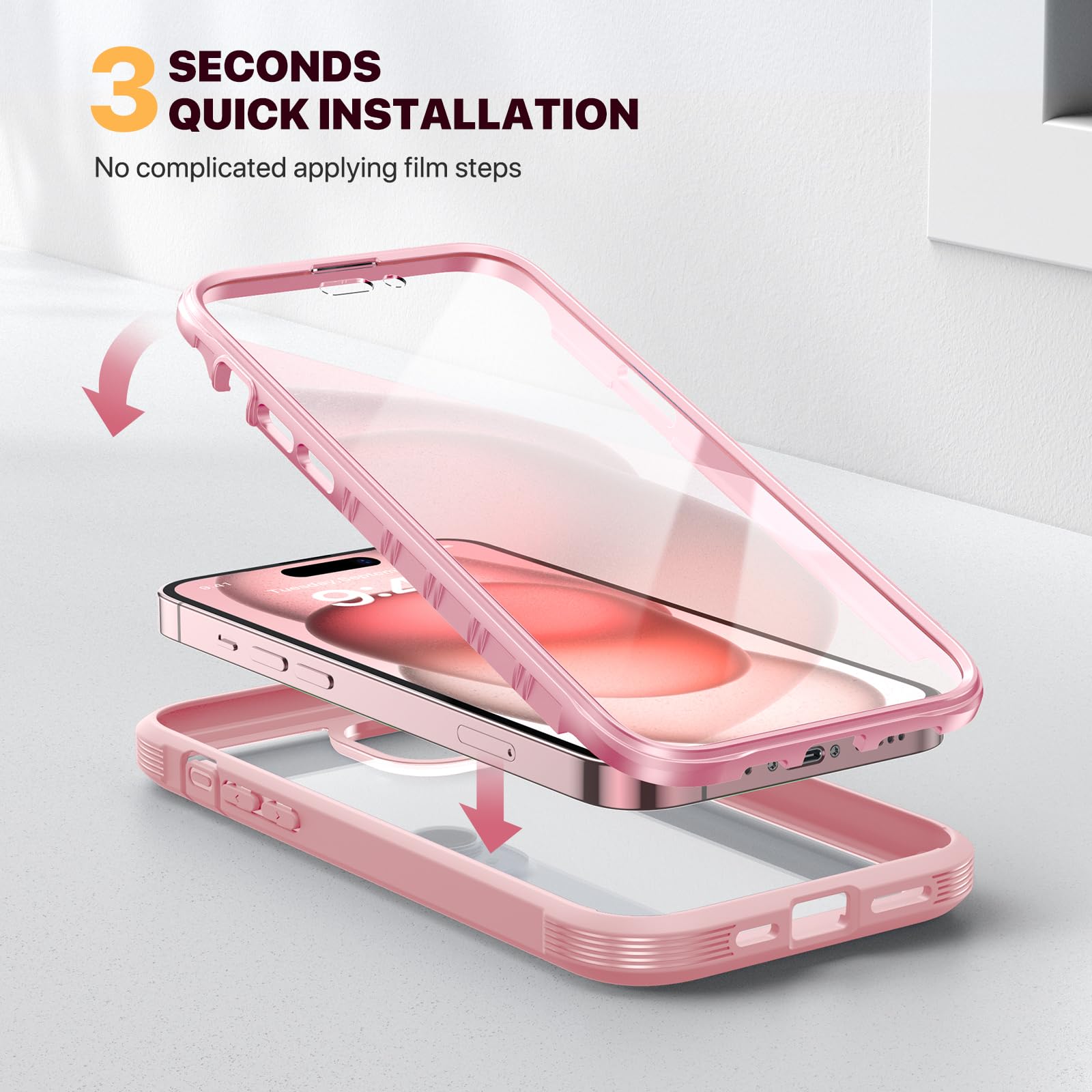 Diaclara Designed for iPhone 15 Plus Case 6.7 Inch,Full Body Rugged Case with Built-in Touch Sensitive Anti-Scratch Screen Protector+9H Tempered Glass Camera Lens Protector, Coral Pink