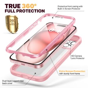 Diaclara Designed for iPhone 15 Plus Case 6.7 Inch,Full Body Rugged Case with Built-in Touch Sensitive Anti-Scratch Screen Protector+9H Tempered Glass Camera Lens Protector, Coral Pink