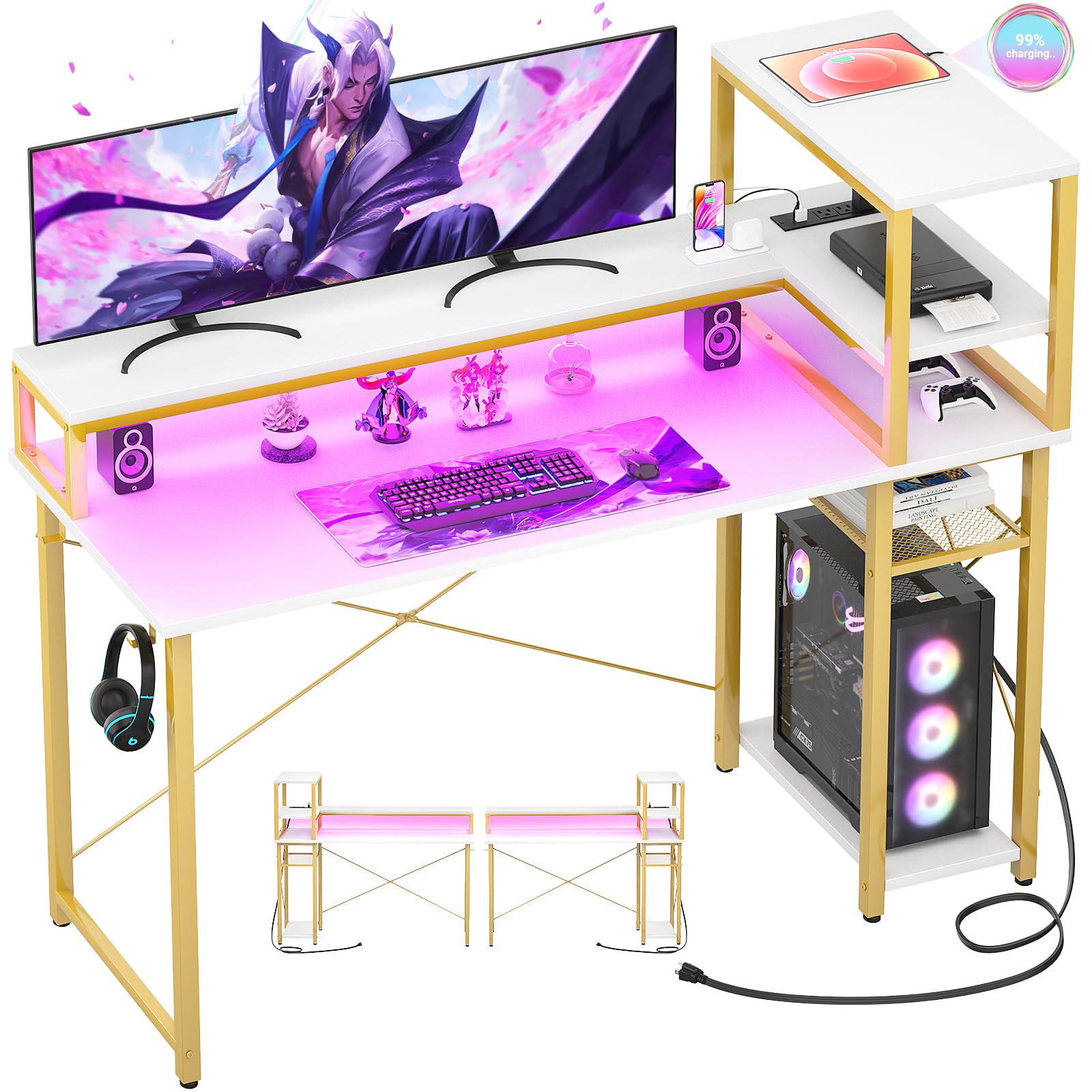 Cyclysio Gaming Desk 47", Computer Desk with Reversible Storage Shelves, Home Office Desk with Power Outlets & RGB Led Lights, Small Desk for Gaming, Studying, Working White