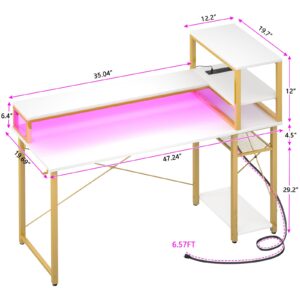 Cyclysio Gaming Desk 47", Computer Desk with Reversible Storage Shelves, Home Office Desk with Power Outlets & RGB Led Lights, Small Desk for Gaming, Studying, Working White