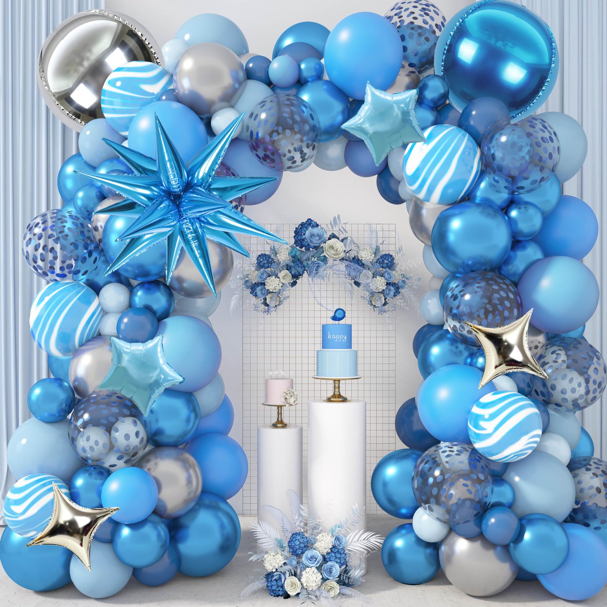 150Pcs Blue Balloon Arch Garland Kit, Boy Baby Shower Decorations Light Pastel Baby Blue Balloons 4D Star Confetti Balloon for Bridal Shower Gender Reveal Elephant Birthday Graduation Party Supplies