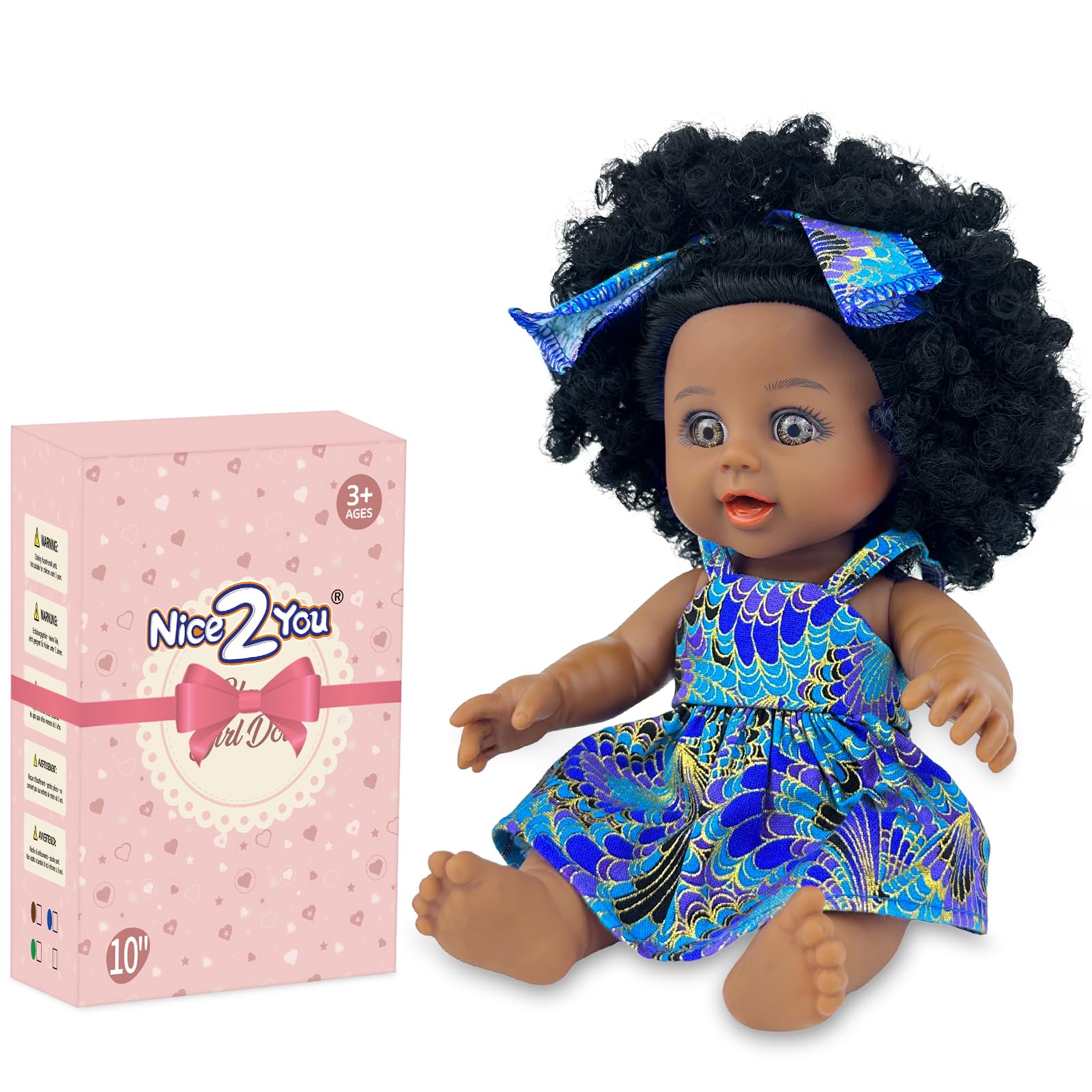 Nice2you Black Baby Doll for Girl, 10 inch African American Black Doll with Dress, Reborn Realistic Baby Doll for Kids Aged 1 2 3 4 5, Small Silicone Black Doll Toy with Curly Hair for Birthday