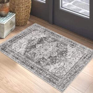 yamaziot washable area rug, 2x3 small entryway rug non-slip boho vintage rug with rubber backing, low pile faux wool distressed rug floor carpet for indoor door mat, kitchen, laundry (grey)