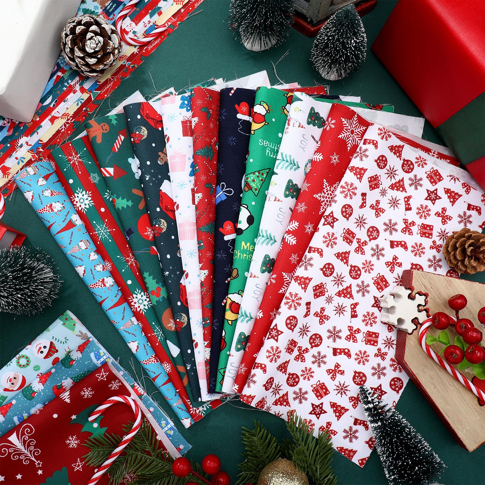 Ganeen 100 Pcs 10 x 10 Inch Winter Christmas Fabric Squares Snowflake Snowman Santa Quilting Fabric Bundles Red Green Blue Fat Fabric Patchwork Scraps Pre Cut Quilt Squares for DIY Craft