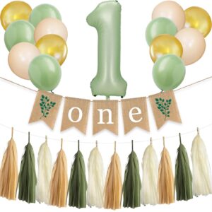 greenery 1st birthday supplies olive green one eucalyptus leaves burlap bunting banner sage green balloon tassel nature theme party decor