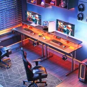 MOTPK Small Gaming Desk with LED Lights & Power Outlets, 31 Inch Computer Desk Gaming Table with Monitor Shelf, Gamer Desk with Carbon Fiber Texture, Kids Boys Desk Gift for Men