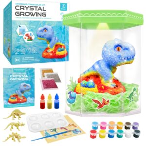 crystal growing kit, light-up dinosaur terrarium kit, grow, paint & decorate your own dinosaur, diy stem project educational arts and crafts set, gift idea for boy & girl aged 8 9 10 11 12+ (upgraded)