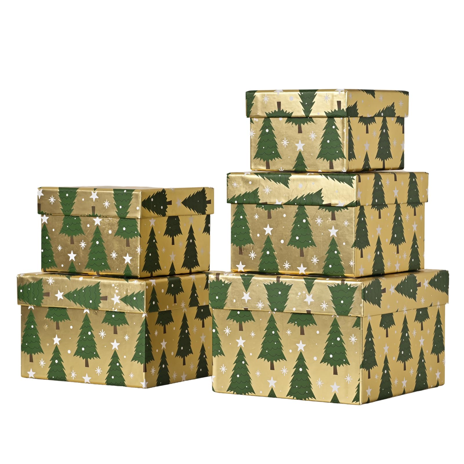 PAPER FAIR 5PCS Christmas Nesting Gift Boxes Set, Gold Foil Green Xmas Tree Flat Square Cardboard Nested Box with Lid, for Gift Wrapping Holiday Present Birthday, Assorted Size