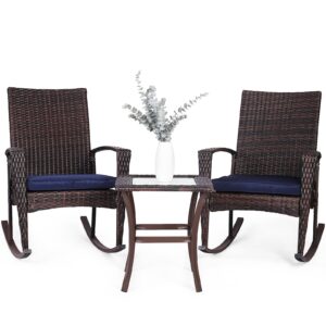 niubya 3 piece wicker rocking chair patio furniture sets, outdoor wicker bistro rattan chair conversation sets with cushions and coffee table, navy and brown