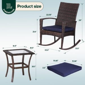 Niubya 3 Piece Wicker Rocking Chair Patio Furniture Sets, Outdoor Wicker Bistro Rattan Chair Conversation Sets with Cushions and Coffee Table, Navy and Brown