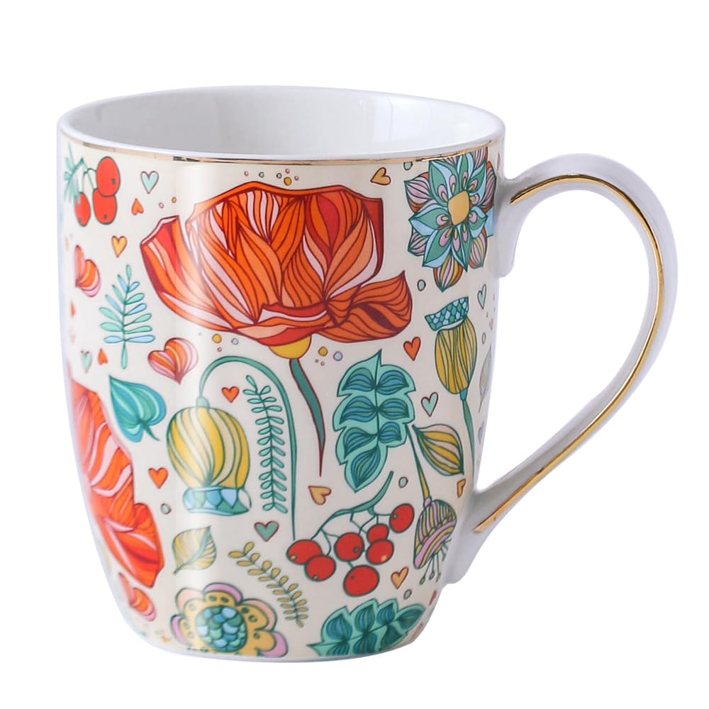 YOSCO 16 oz Ceramic Coffee Mugs Cute Novelty Coffee Milk Tea Cup with Handle,Office and Home (Flower)