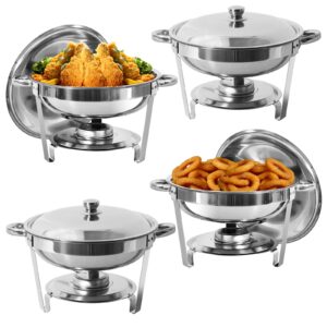 evgtti 4 pack round chafing dish buffet set, 5qt stainless steel round chafers and buffet warmer sets for catering, with food & water pan, lid, foldable frame, fuel holder