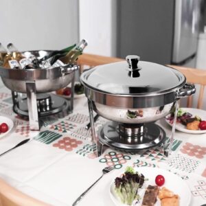 EVGTTI 4 Pack Round Chafing Dish Buffet Set, 5QT Stainless Steel Round Chafers and Buffet Warmer Sets for Catering, with Food & Water Pan, Lid, Foldable Frame, Fuel Holder