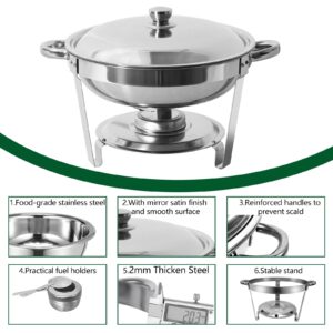 EVGTTI 4 Pack Round Chafing Dish Buffet Set, 5QT Stainless Steel Round Chafers and Buffet Warmer Sets for Catering, with Food & Water Pan, Lid, Foldable Frame, Fuel Holder