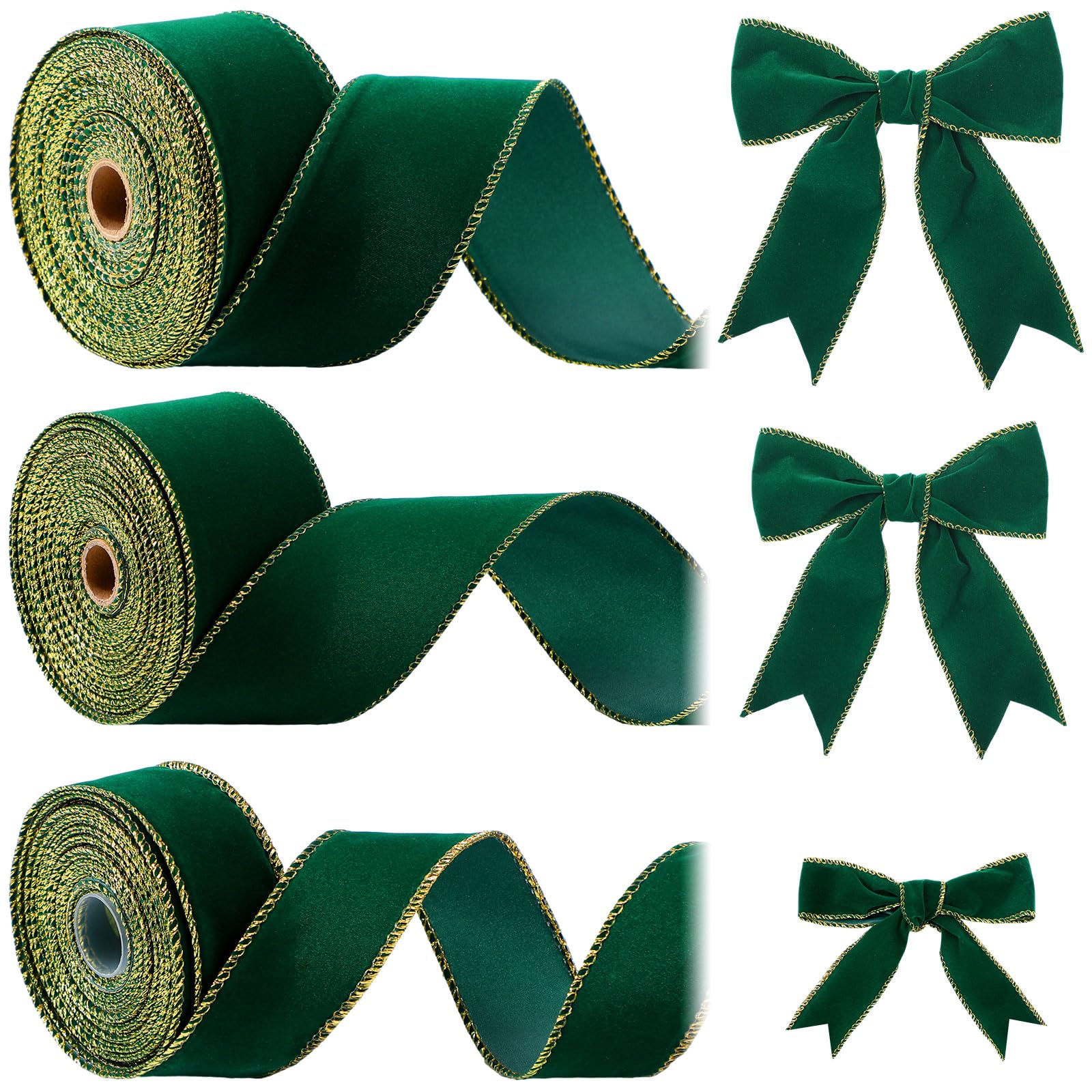 Riceshoot 3 Rolls 60 Yards Christmas Wired Velvet Ribbon with Gold Edge 1.5/2/2.5 Inch Xmas Green Velvet Ribbon Holiday Green Ribbon for Gift Wrapping Xmas Wreath Bow Christmas Crafts